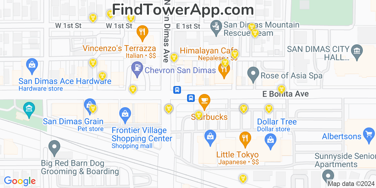 AT&T 4G/5G cell tower coverage map San Dimas, California