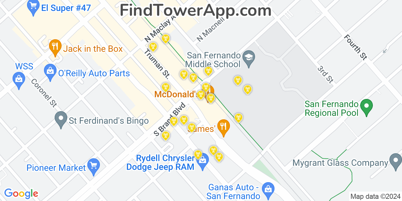 AT&T 4G/5G cell tower coverage map San Fernando, California