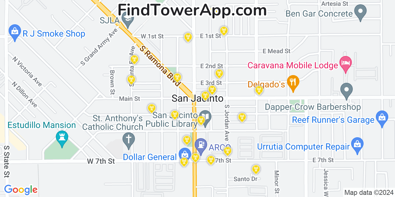AT&T 4G/5G cell tower coverage map San Jacinto, California