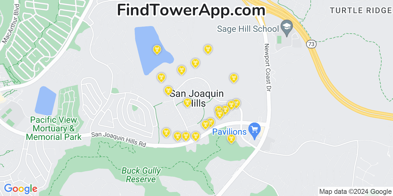 Verizon 4G/5G cell tower coverage map San Joaquin Hills, California