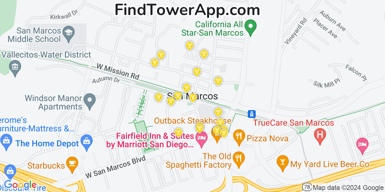 AT&T 4G/5G cell tower coverage map San Marcos, California