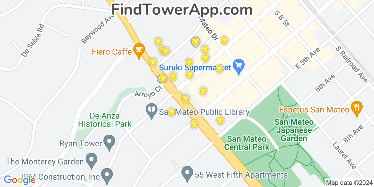 AT&T 4G/5G cell tower coverage map San Mateo, California