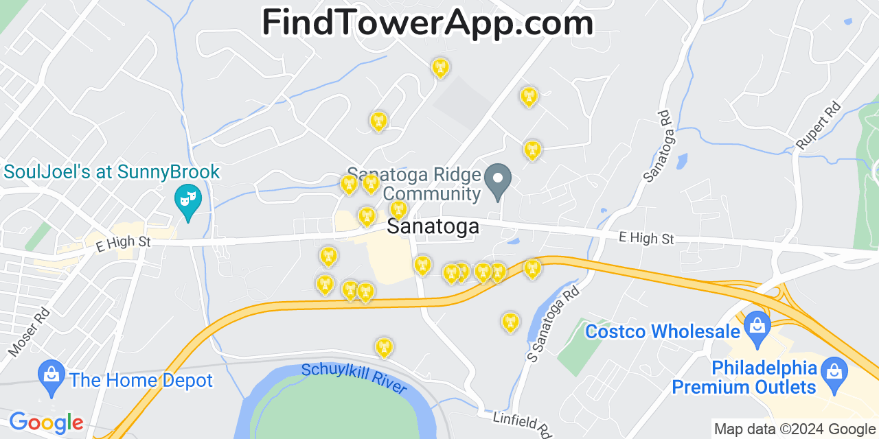 AT&T 4G/5G cell tower coverage map Sanatoga, Pennsylvania