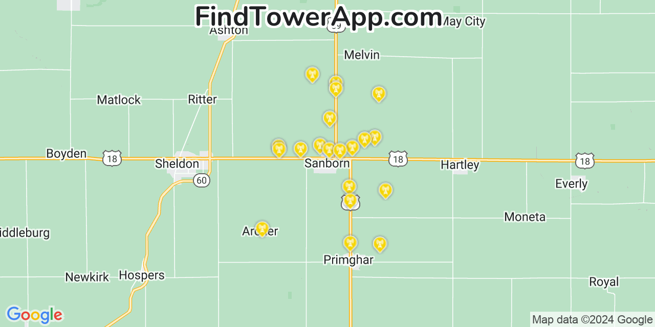 AT&T 4G/5G cell tower coverage map Sanborn, Iowa
