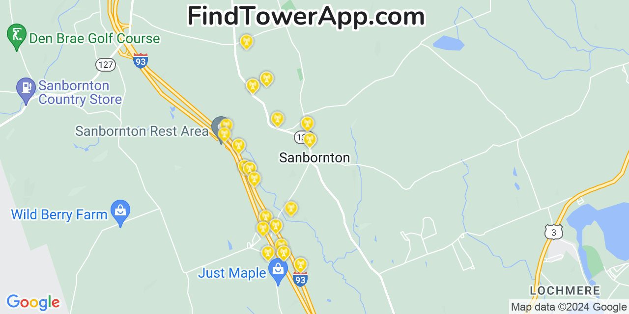 AT&T 4G/5G cell tower coverage map Sanbornton, New Hampshire