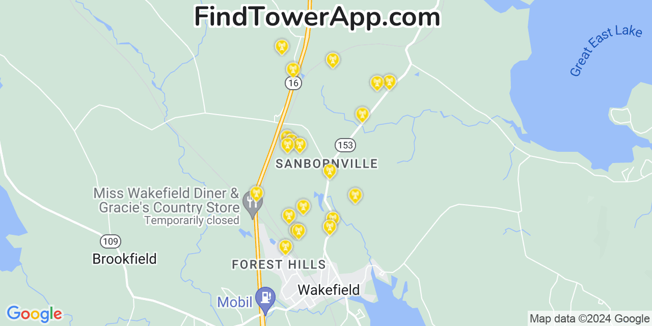 AT&T 4G/5G cell tower coverage map Sanbornville, New Hampshire