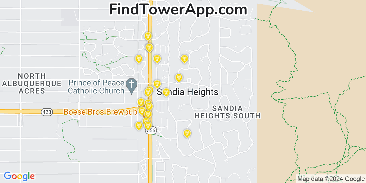 AT&T 4G/5G cell tower coverage map Sandia Heights, New Mexico