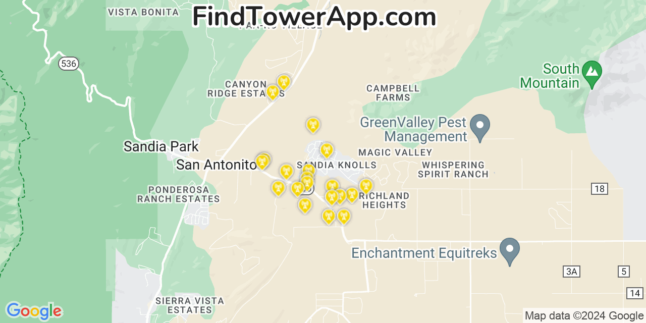 AT&T 4G/5G cell tower coverage map Sandia Knolls, New Mexico