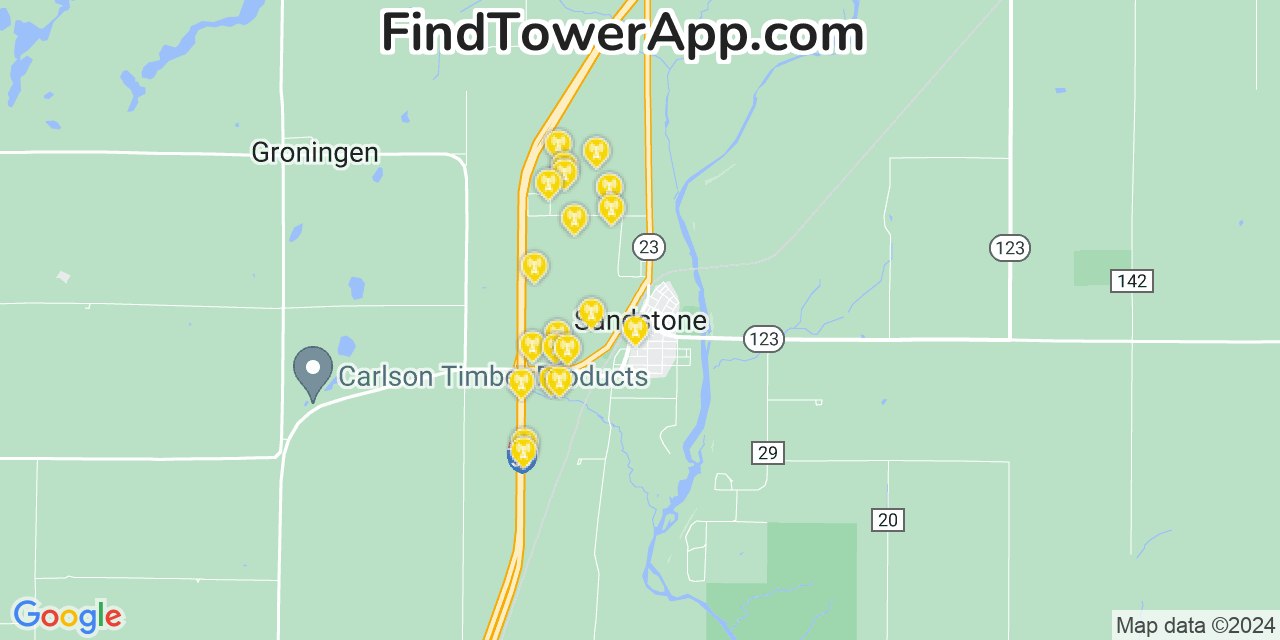 AT&T 4G/5G cell tower coverage map Sandstone, Minnesota