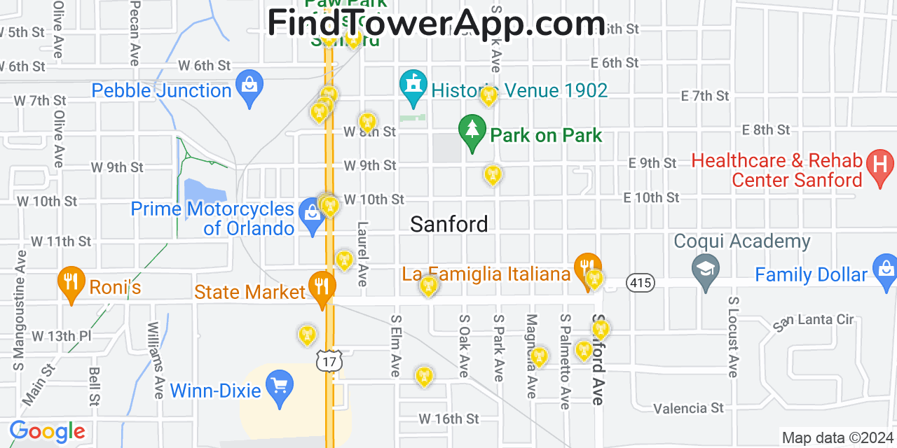AT&T 4G/5G cell tower coverage map Sanford, Florida