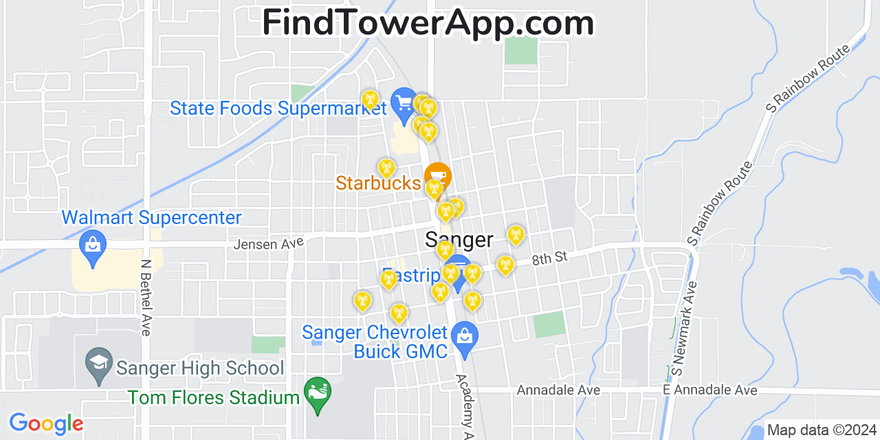 AT&T 4G/5G cell tower coverage map Sanger, California
