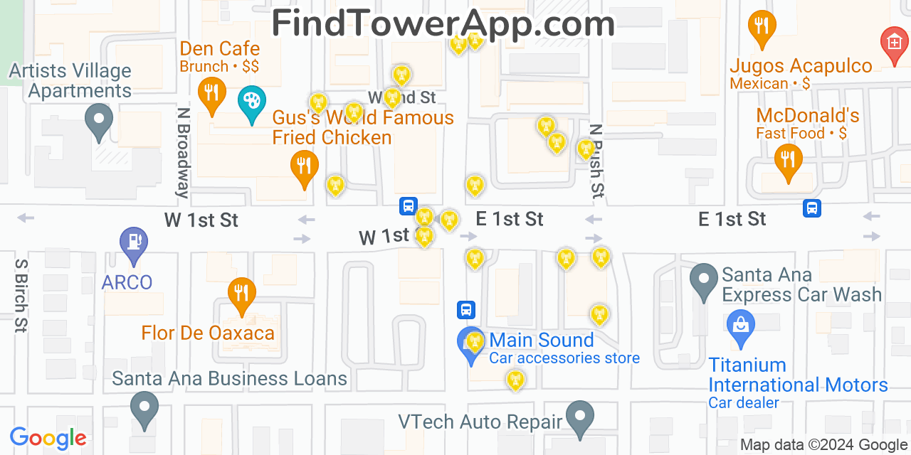 AT&T 4G/5G cell tower coverage map Santa Ana, California