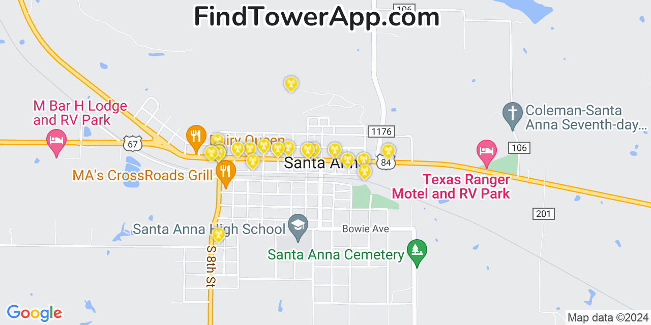 Verizon 4G/5G cell tower coverage map Santa Anna, Texas