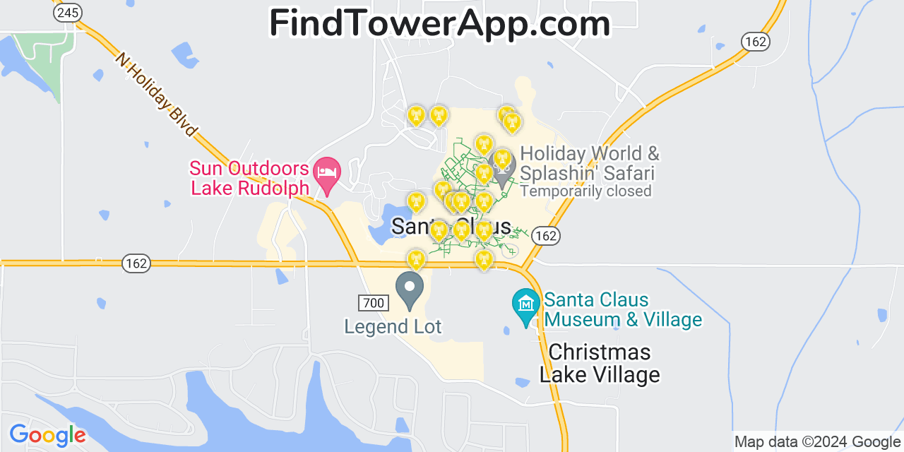 AT&T 4G/5G cell tower coverage map Santa Claus, Indiana