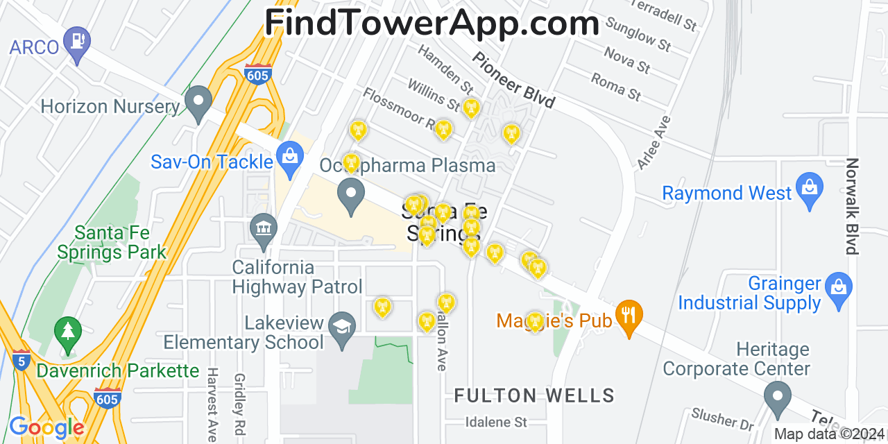 AT&T 4G/5G cell tower coverage map Santa Fe Springs, California
