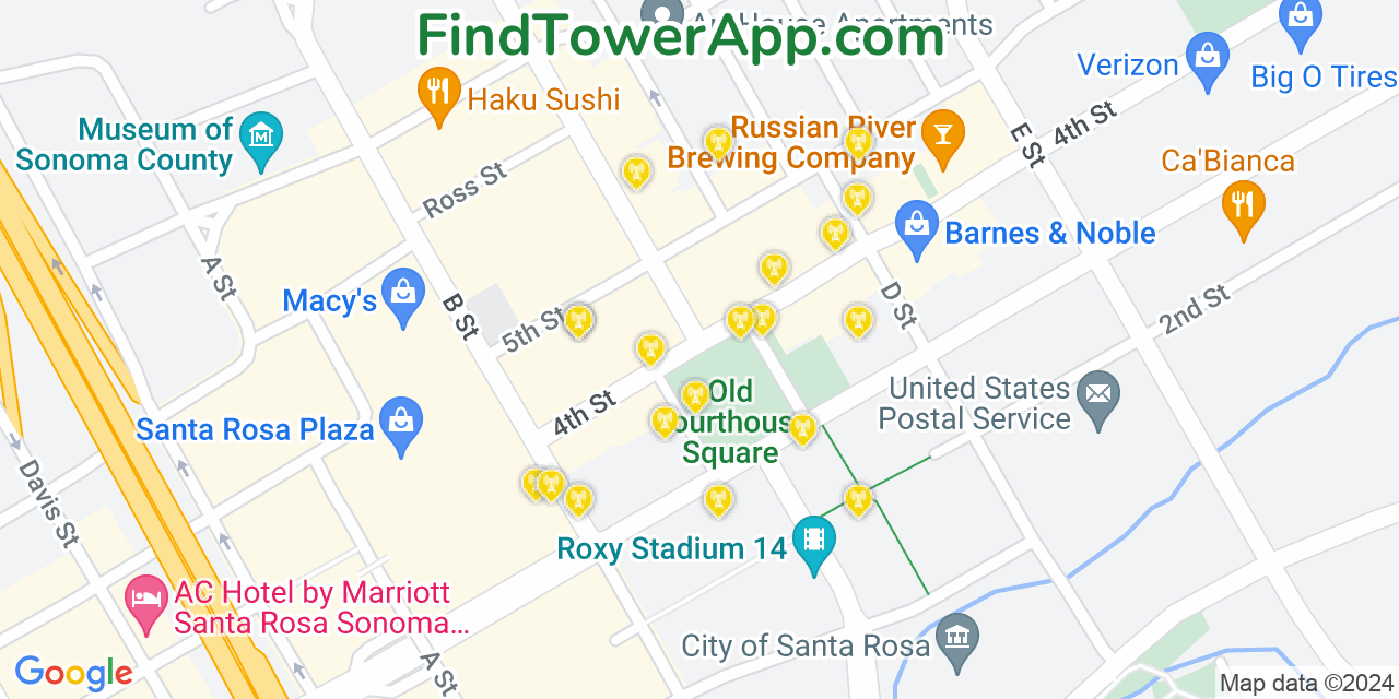 AT&T 4G/5G cell tower coverage map Santa Rosa, California