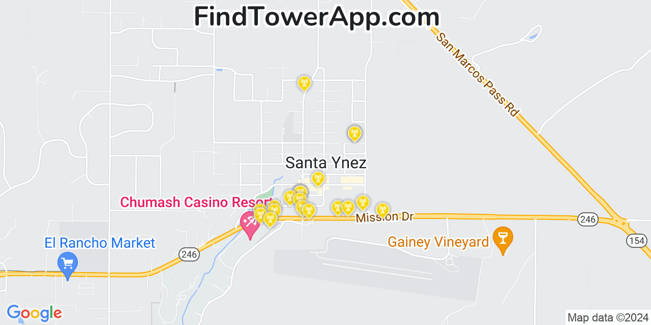 AT&T 4G/5G cell tower coverage map Santa Ynez, California