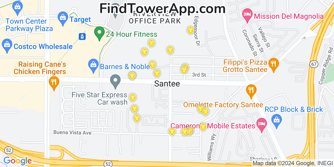 AT&T 4G/5G cell tower coverage map Santee, California