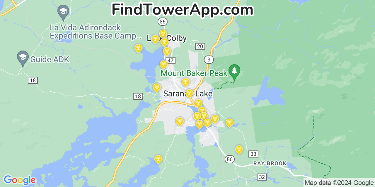 AT&T 4G/5G cell tower coverage map Saranac Lake, New York