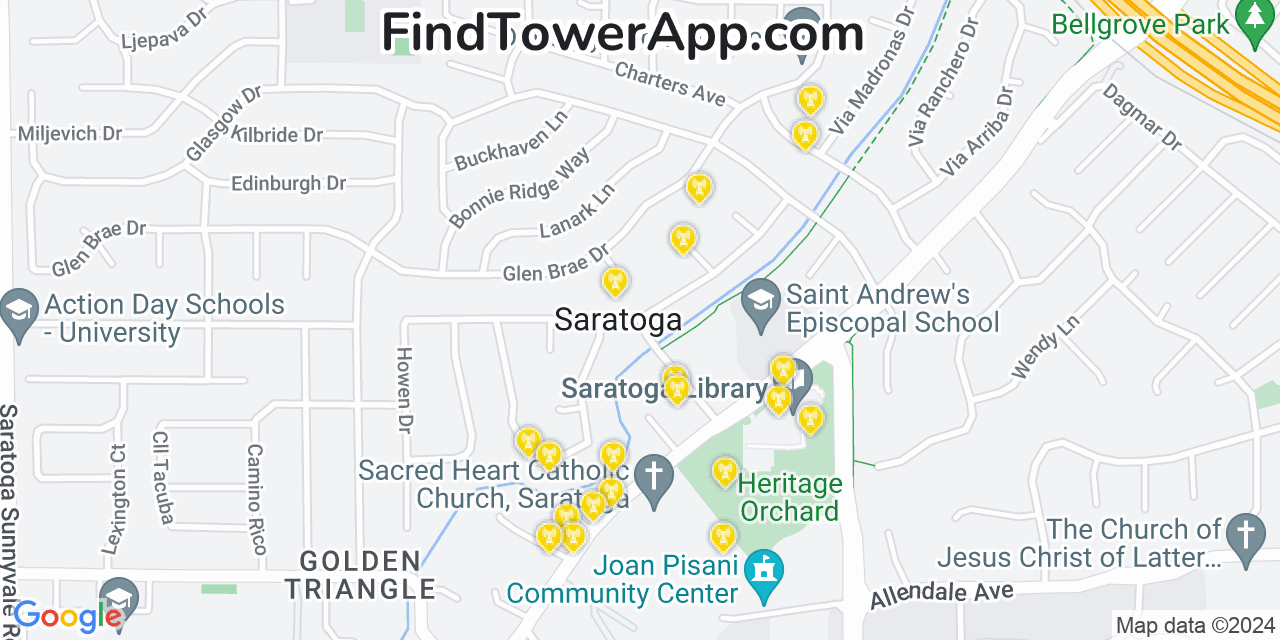 AT&T 4G/5G cell tower coverage map Saratoga, California