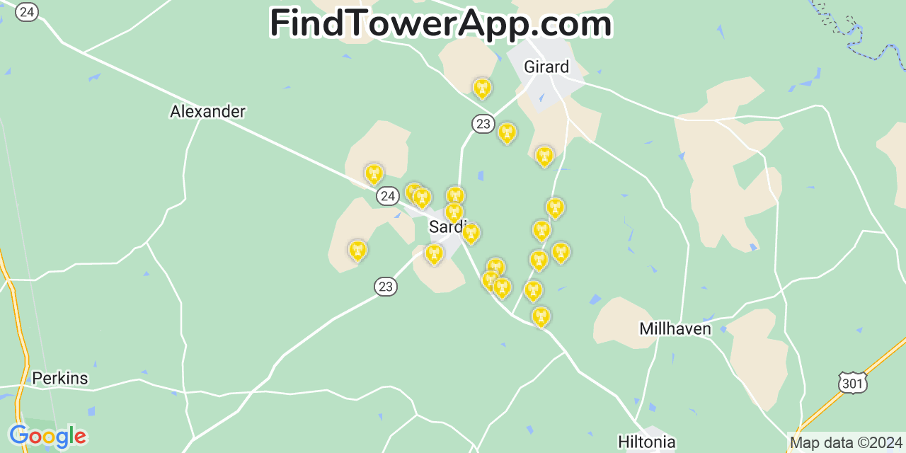 AT&T 4G/5G cell tower coverage map Sardis, Georgia