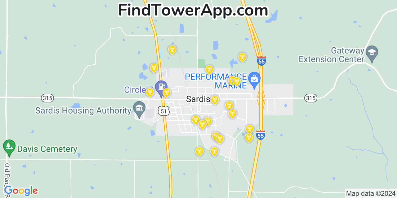 AT&T 4G/5G cell tower coverage map Sardis, Mississippi