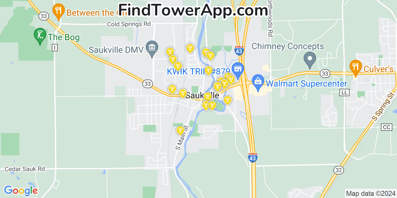 AT&T 4G/5G cell tower coverage map Saukville, Wisconsin