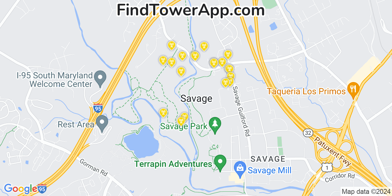 AT&T 4G/5G cell tower coverage map Savage, Maryland