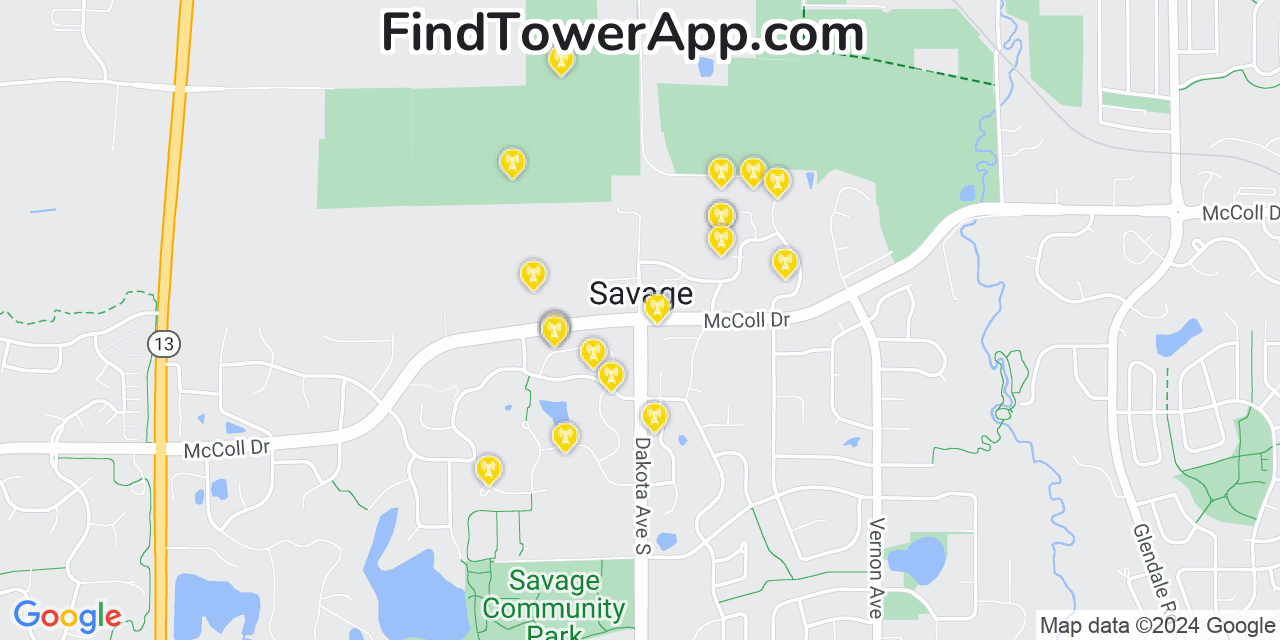 Verizon 4G/5G cell tower coverage map Savage, Minnesota