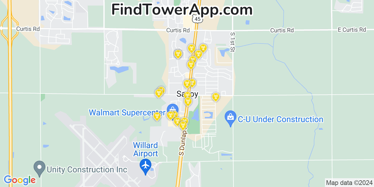 Verizon 4G/5G cell tower coverage map Savoy, Illinois