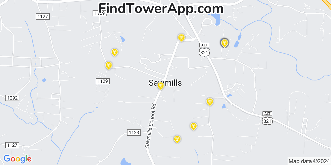 AT&T 4G/5G cell tower coverage map Sawmills, North Carolina