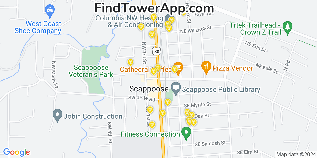 AT&T 4G/5G cell tower coverage map Scappoose, Oregon