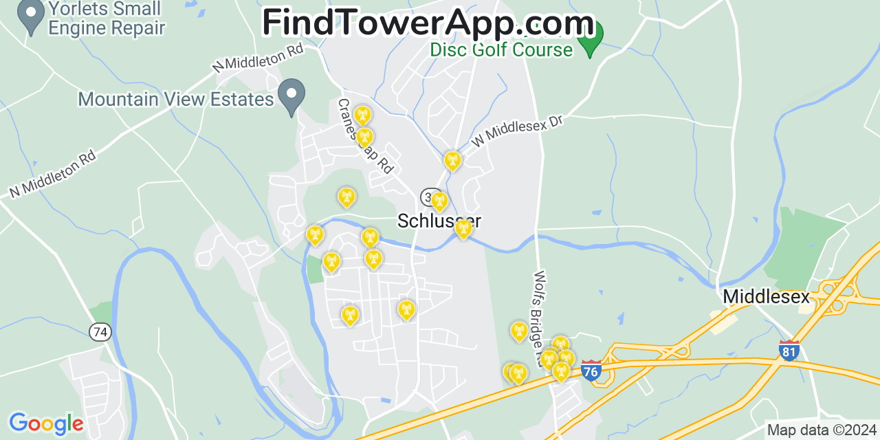 AT&T 4G/5G cell tower coverage map Schlusser, Pennsylvania