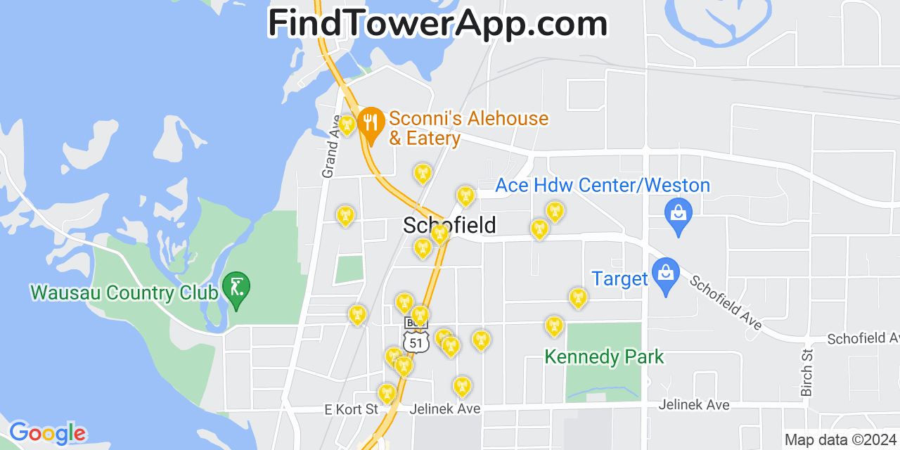AT&T 4G/5G cell tower coverage map Schofield, Wisconsin