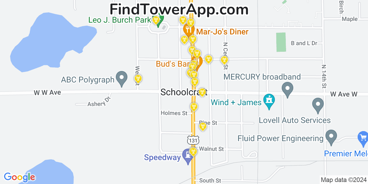 AT&T 4G/5G cell tower coverage map Schoolcraft, Michigan