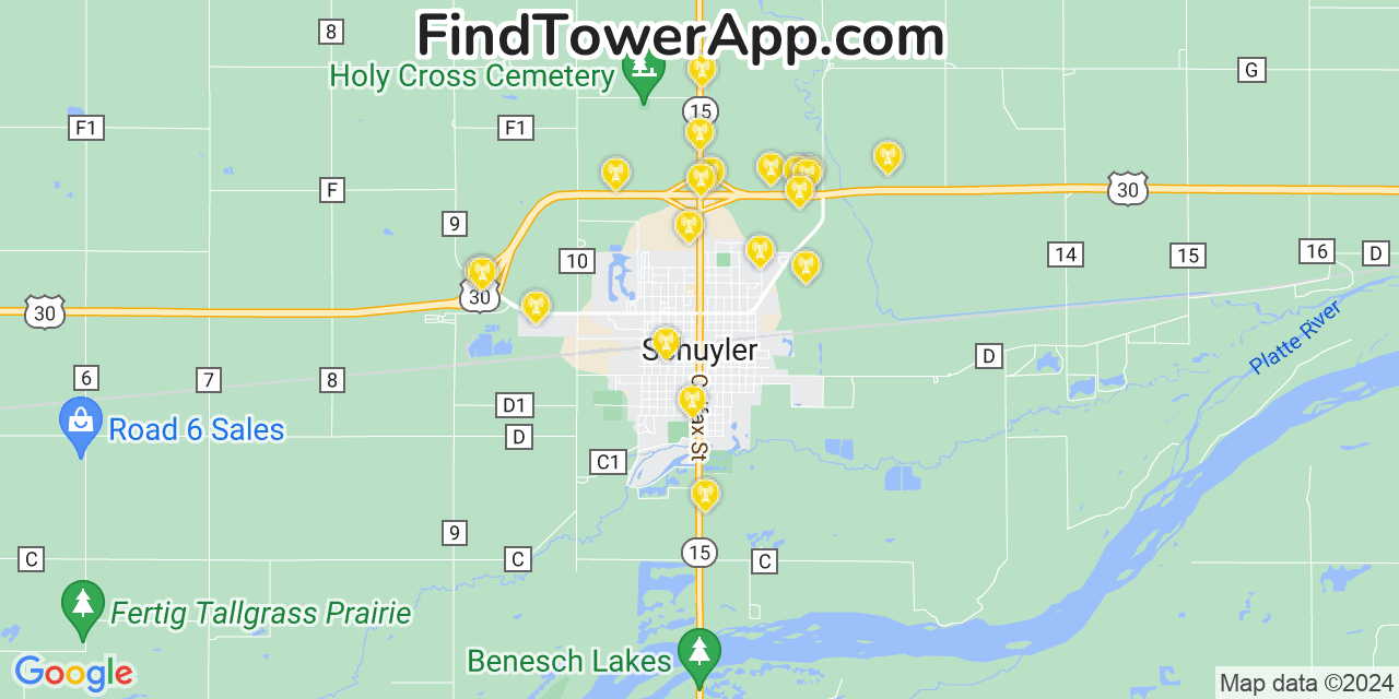 AT&T 4G/5G cell tower coverage map Schuyler, Nebraska