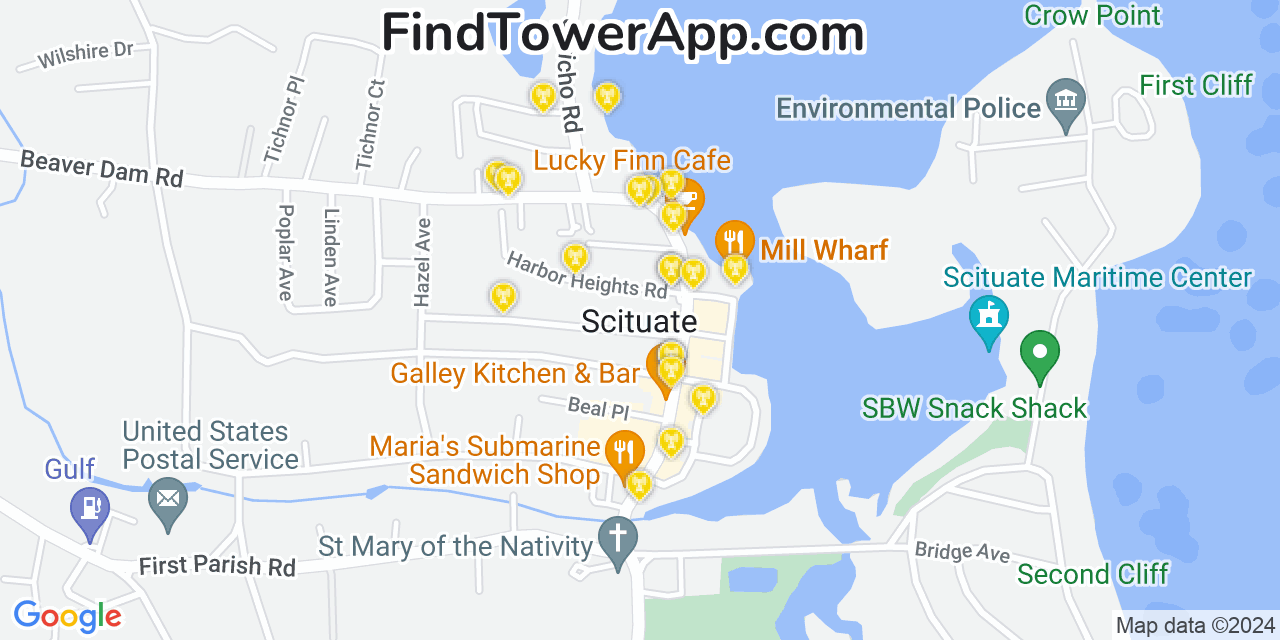 AT&T 4G/5G cell tower coverage map Scituate, Massachusetts