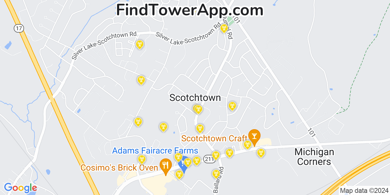 AT&T 4G/5G cell tower coverage map Scotchtown, New York