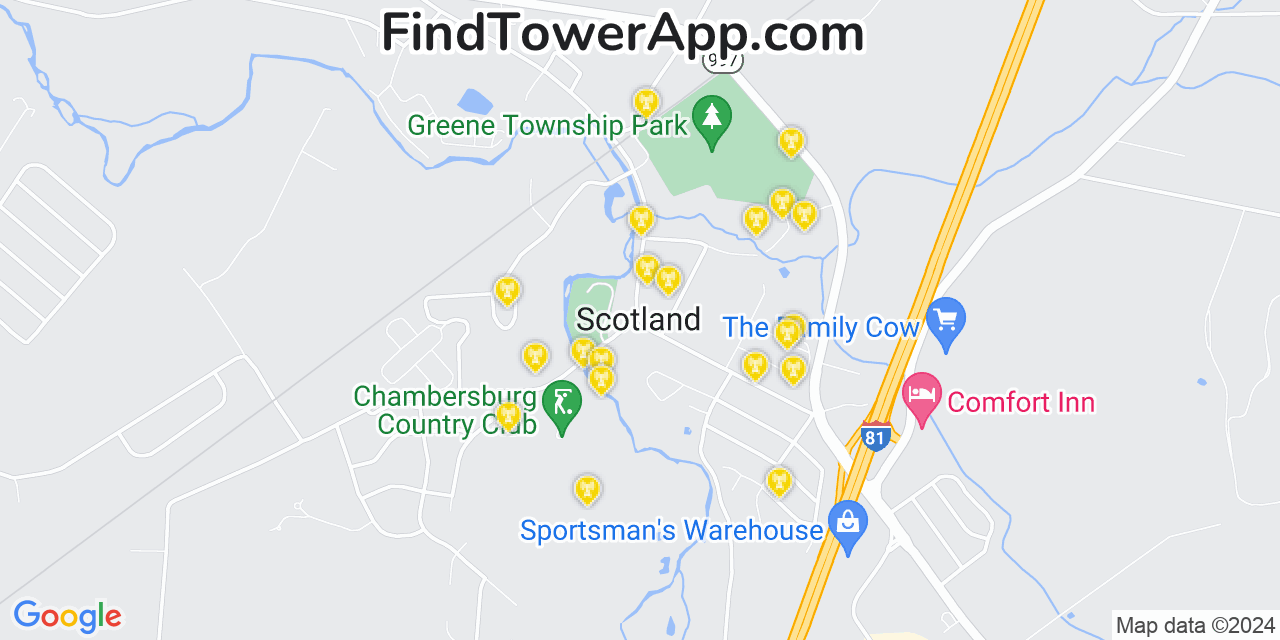 AT&T 4G/5G cell tower coverage map Scotland, Pennsylvania