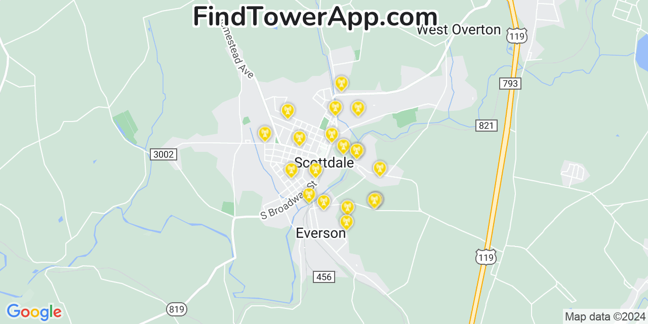 AT&T 4G/5G cell tower coverage map Scottdale, Pennsylvania