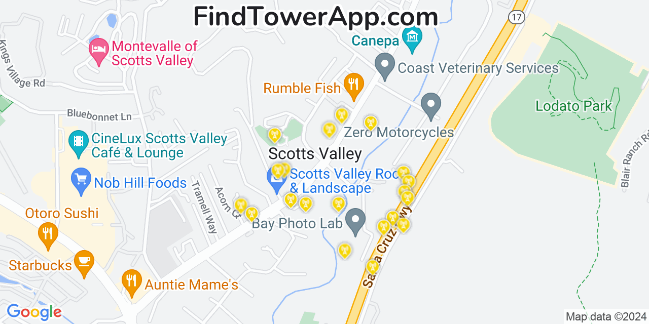 AT&T 4G/5G cell tower coverage map Scotts Valley, California
