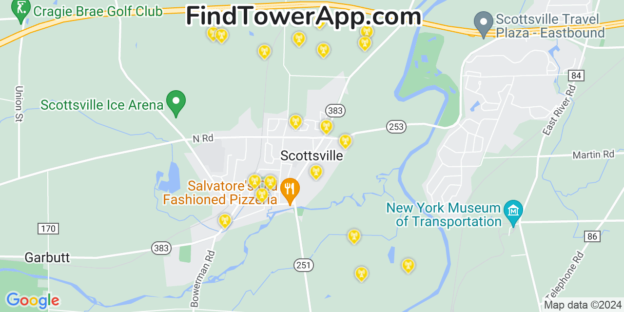 AT&T 4G/5G cell tower coverage map Scottsville, New York