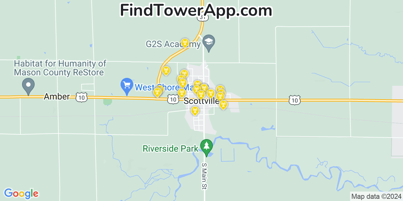 AT&T 4G/5G cell tower coverage map Scottville, Michigan
