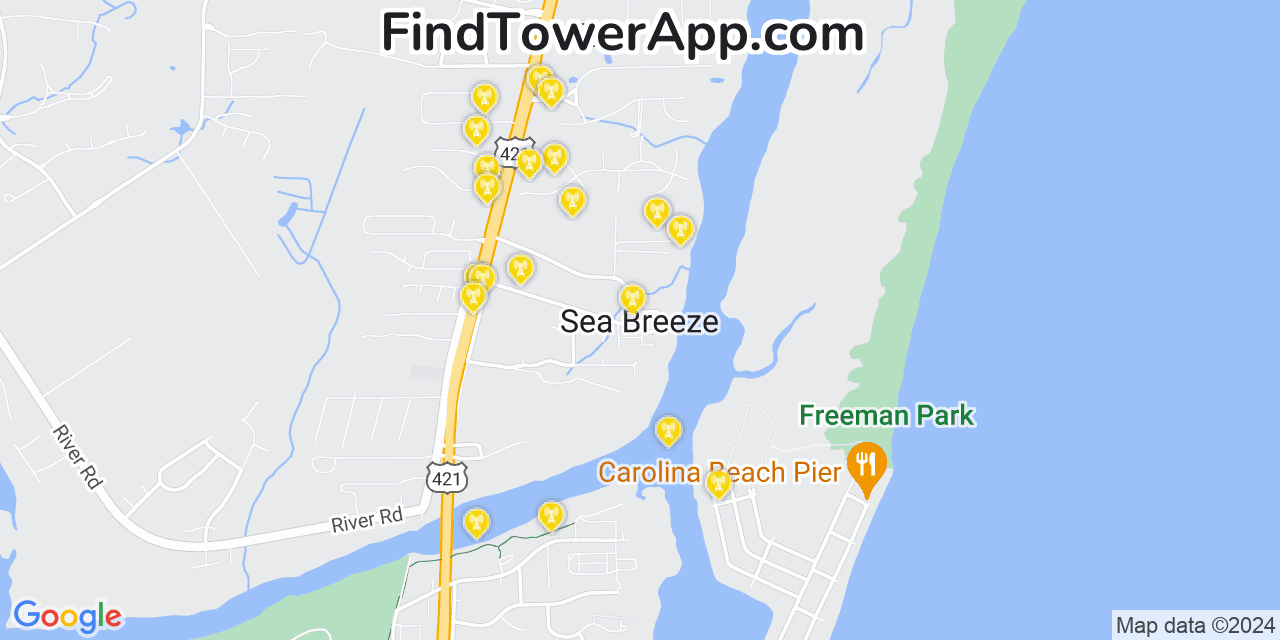 AT&T 4G/5G cell tower coverage map Sea Breeze, North Carolina