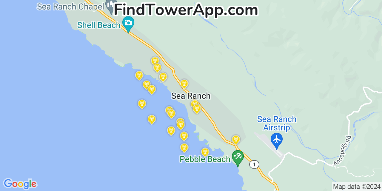 AT&T 4G/5G cell tower coverage map Sea Ranch, California