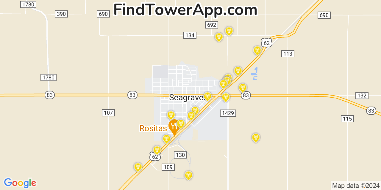 AT&T 4G/5G cell tower coverage map Seagraves, Texas