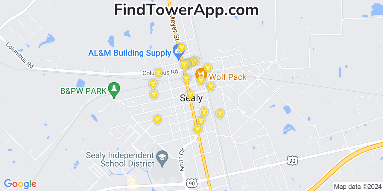 AT&T 4G/5G cell tower coverage map Sealy, Texas