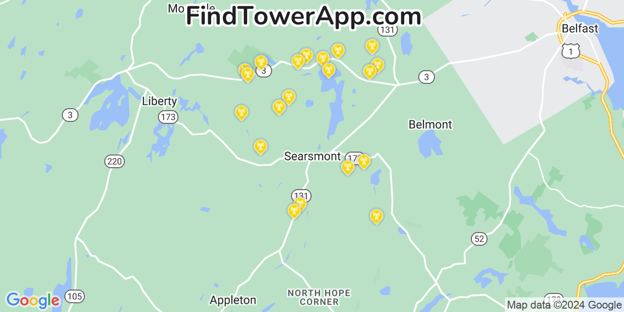AT&T 4G/5G cell tower coverage map Searsmont, Maine
