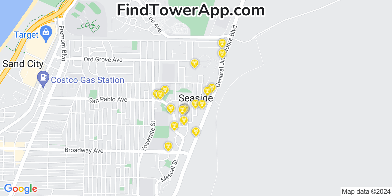 AT&T 4G/5G cell tower coverage map Seaside, California