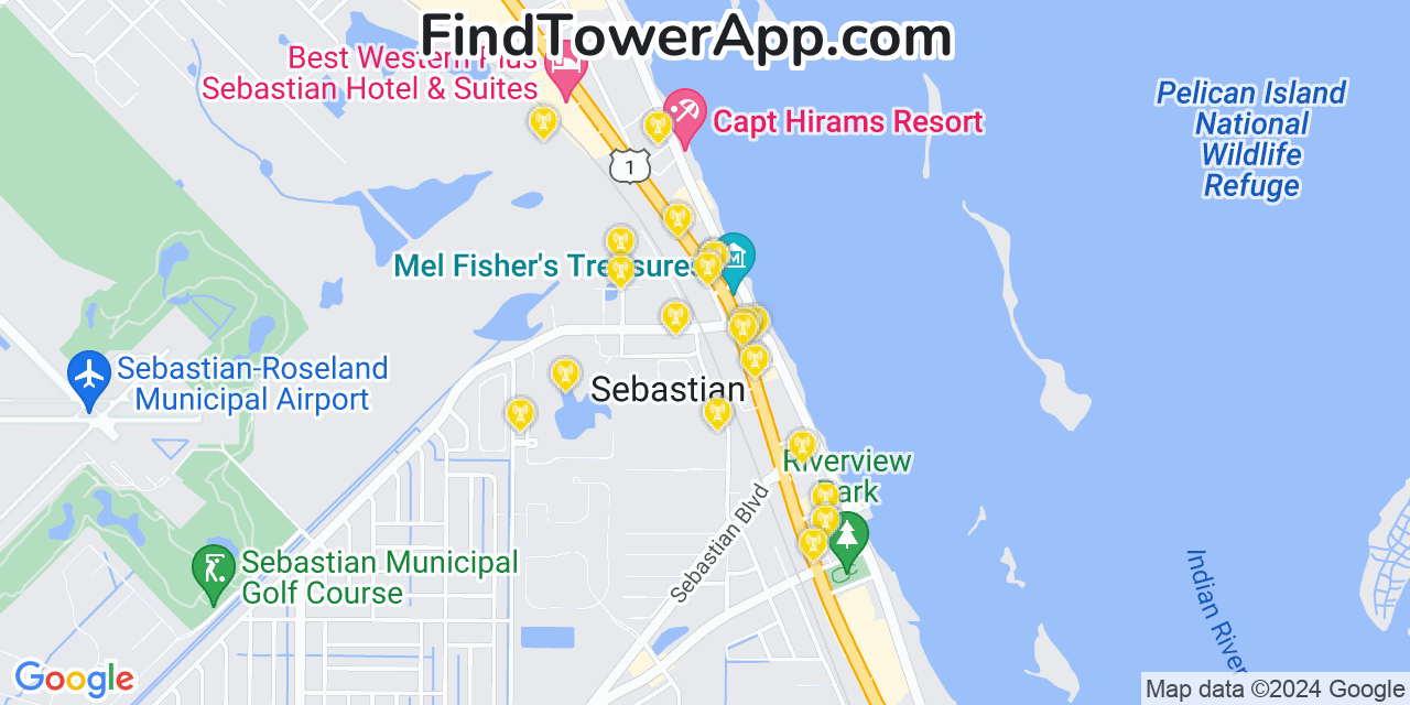 Verizon 4G/5G cell tower coverage map Sebastian, Florida